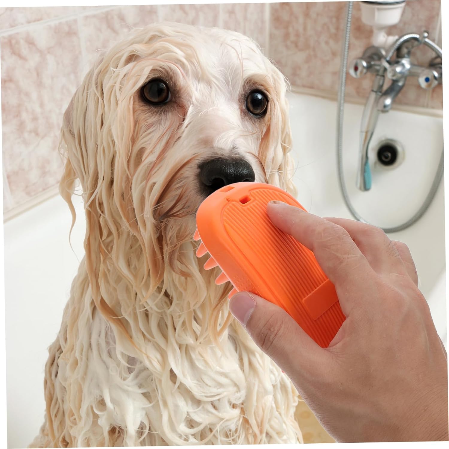 UPKOCH Dog Bath Brush with Soft Silicone Bristles Ergonomic Pet Shampoo Grooming Tool for Cats and Dogs Gentle Deshedding Comb for Long and Short Hair Orange